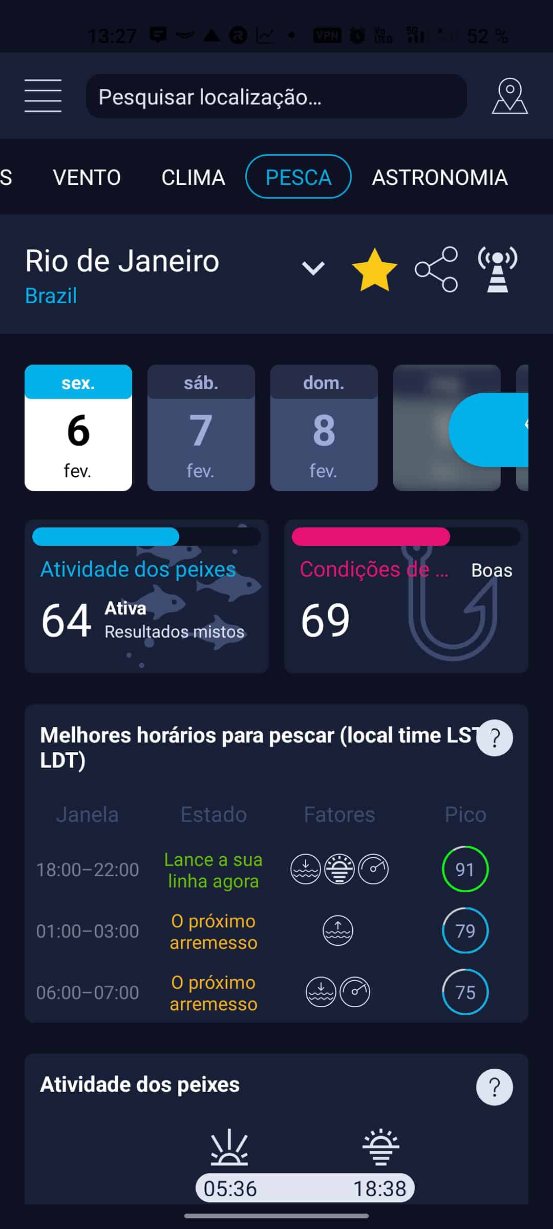 Melhor horário para pescar — app High Tide